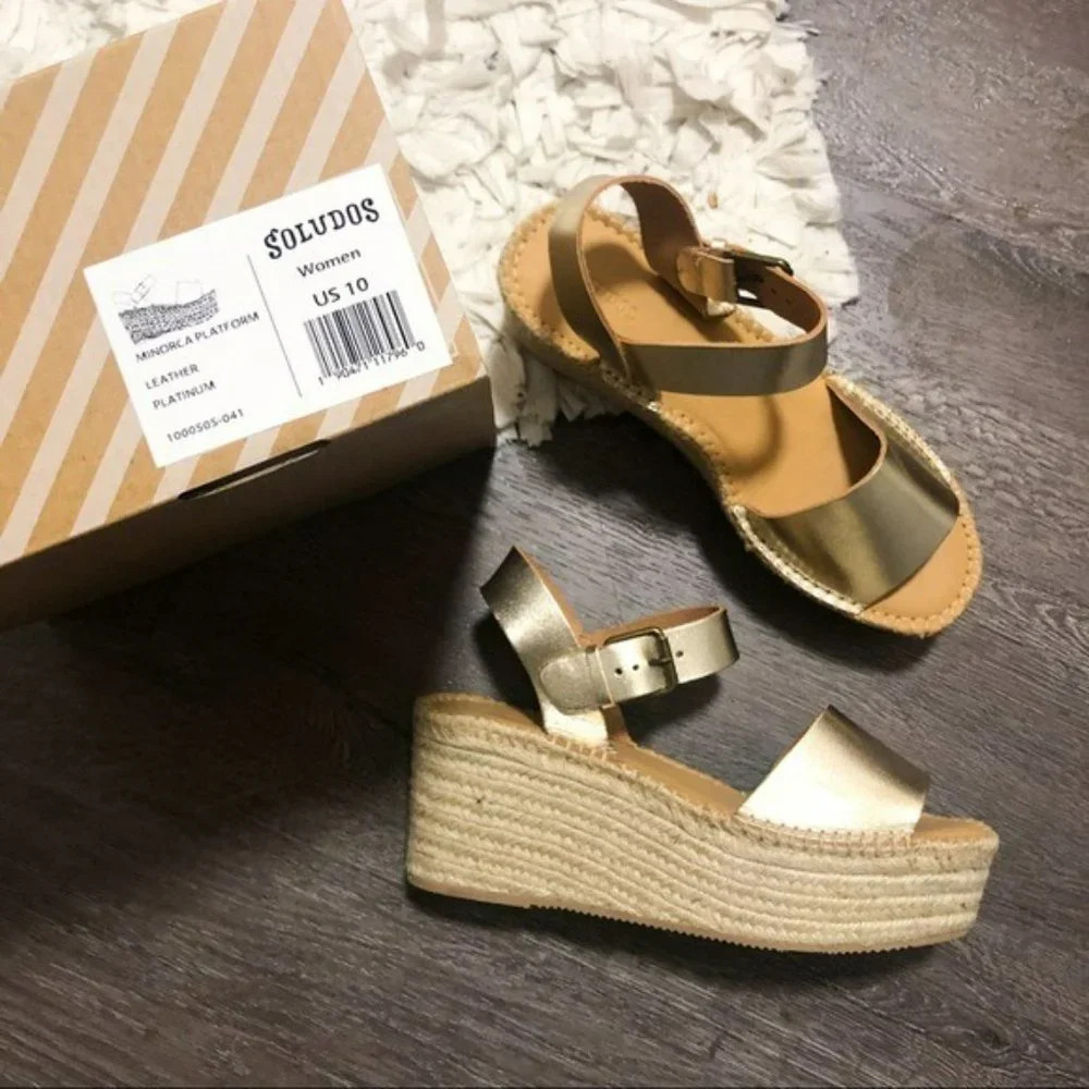 Anthro Soludos Platform Gold Leather Espadrille 10 - Picture 6 of 13